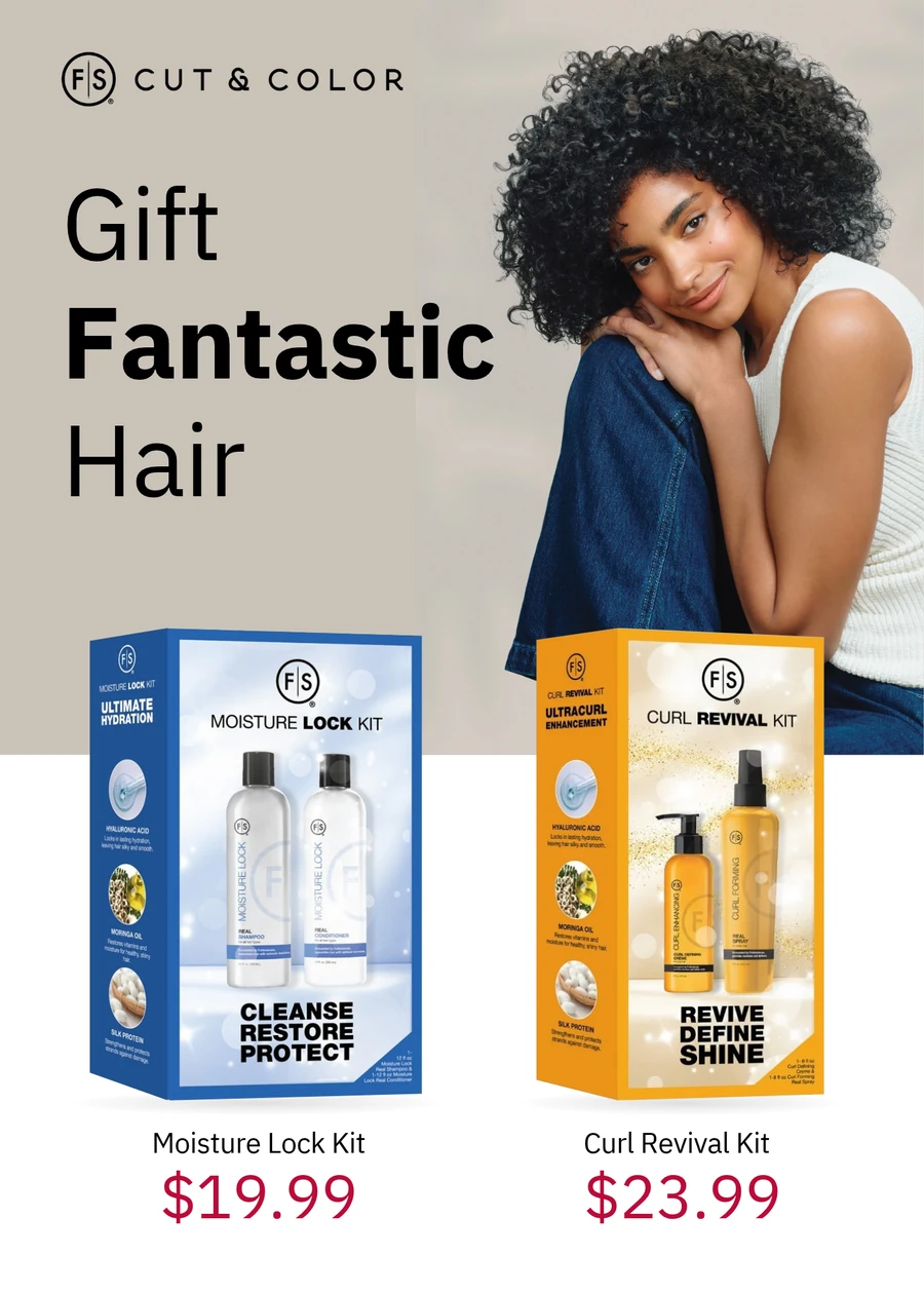Gift Fantastic Hair sign featuring the Moisture Lock Kit for $19.99 and Curl Revival Kit for $23.99
